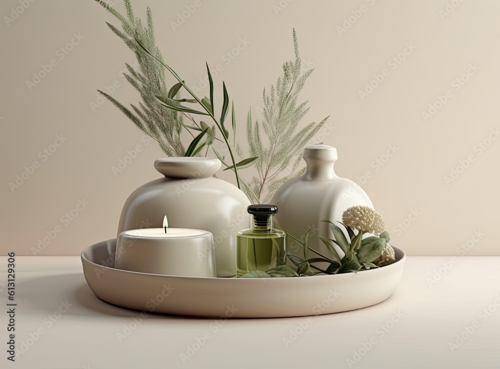 Reed diffuser and vase with bouquet on wooden nightstand in bedroom. Created with Generative AI technology Reed diffuser and vase with bouquet on wooden nightstand in bedroom. Created with Generative AI technology