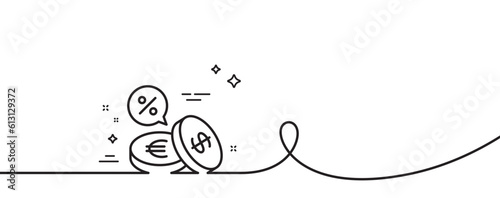 Coins money line icon. Continuous one line with curl. Banking currency sign. Euro and Dollar Cash symbols. Cashback service. Currency exchange single outline ribbon. Loop curve pattern. Vector
