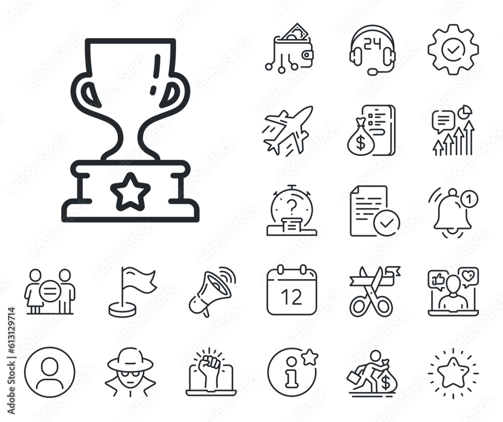 Award trophy sign. Salaryman, gender equality and alert bell outline icons. Winner cup line icon. Best achievement symbol. Winner cup line sign. Spy or profile placeholder icon. Vector Award trophy sign. Salaryman, gender equality and alert bell outline icons. Winner cup line icon. Best achievement symbol. Winner cup line sign. Spy or profile placeholder icon. Vector