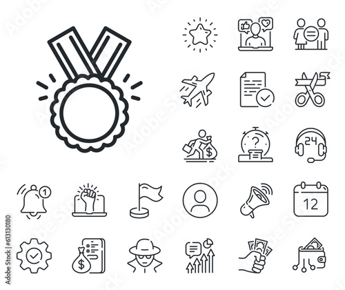 Winner achievement symbol. Salaryman, gender equality and alert bell outline icons. Award Medal line icon. Glory or Honor sign. Honor line sign. Spy or profile placeholder icon. Vector