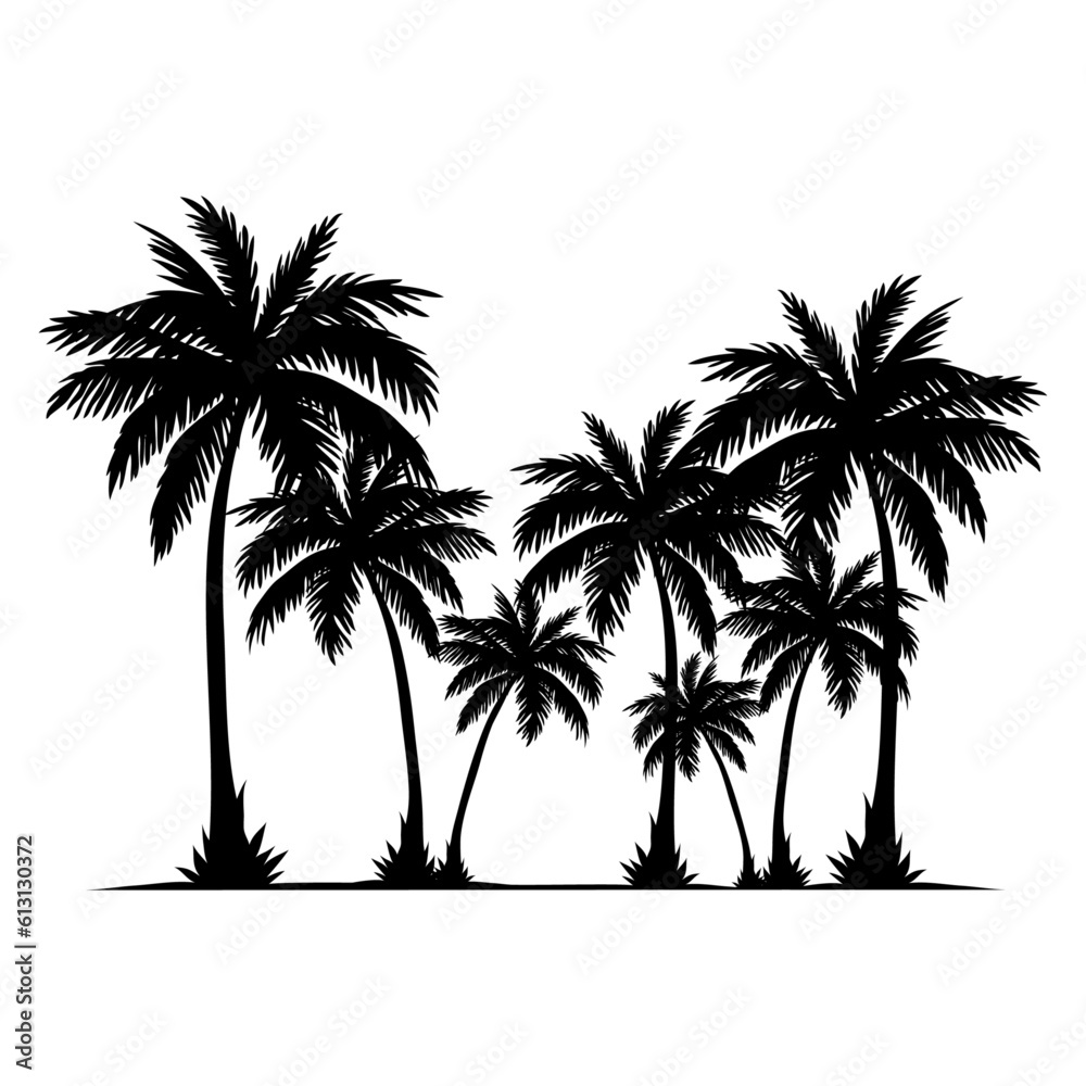 Logo vacaciones de verano. Paisaje de playa. Silueta de bosque de palmeras