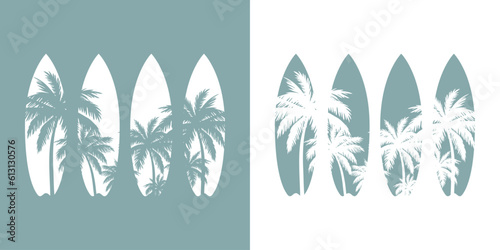 Logo club de surf. Silueta de grupo de tablas de surf con bosque de palmeras en espacio negativo