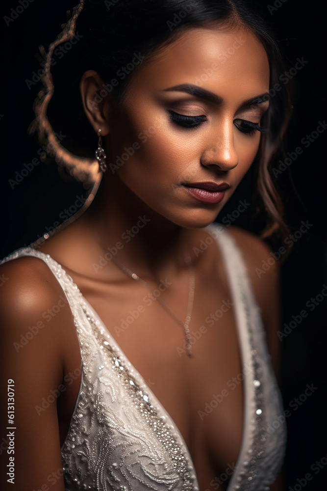 Close up portrait of a black bride wearing a low-cut wedding dress. Close up portrait of a black bride wearing a low-cut wedding dress.