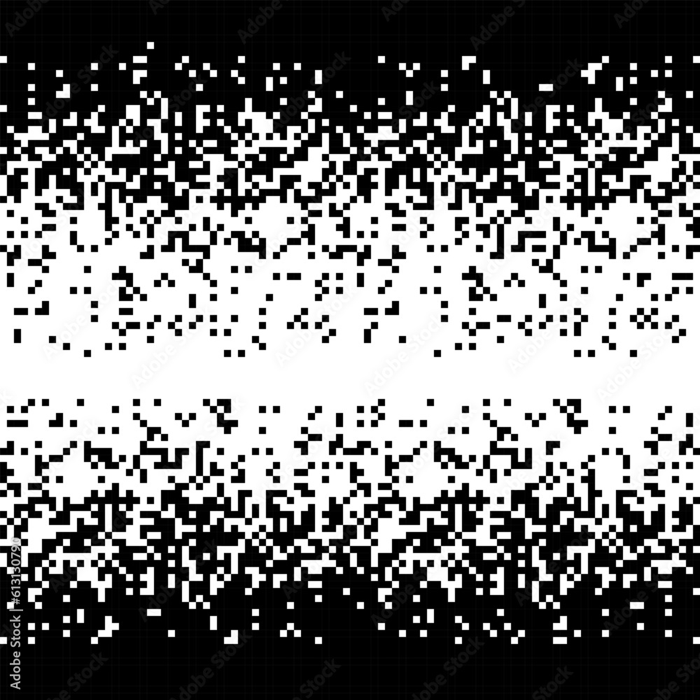 Pixel pattern. Vector seamless background. Abstrac glitch texture design. Retro geometric illustration. Game wallpaper. Simple repeat. Gradient from black to white. Falling Pixels