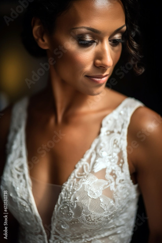 Close up portrait of a black bride wearing a low-cut wedding dress. 