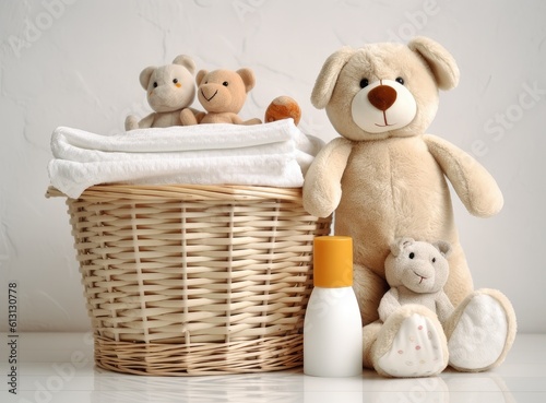 A basket of white laundry, a teddy bunny toy, a bottle of liquid detergent, washing gel or fabric softener. Mockup for washing baby clothes with copy space. Created with Generative AI technology