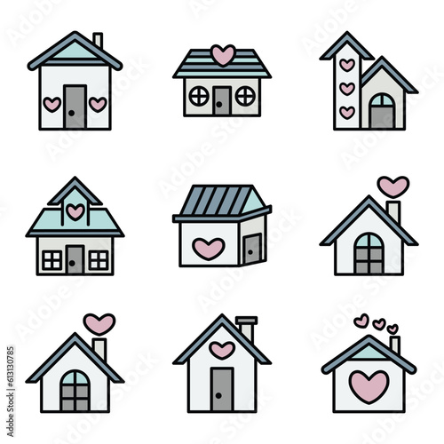 Set of house with heart line art