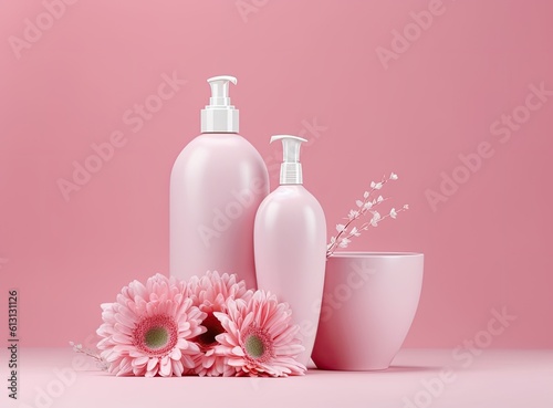 Soft light bathroom decor in pastel pink color, towel, soap dispenser, white flowers, accessories on pastel pink shelf. Created with Generative AI technology.