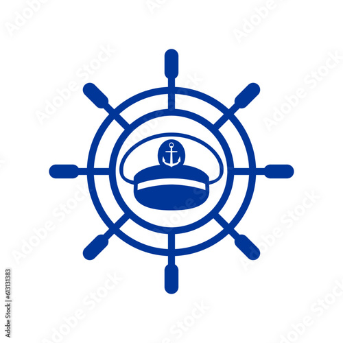 Logo nautical. Sombrero de capitán de barco con timón de barco