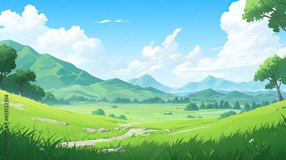 Green meadow landscape with mountain and blue sky