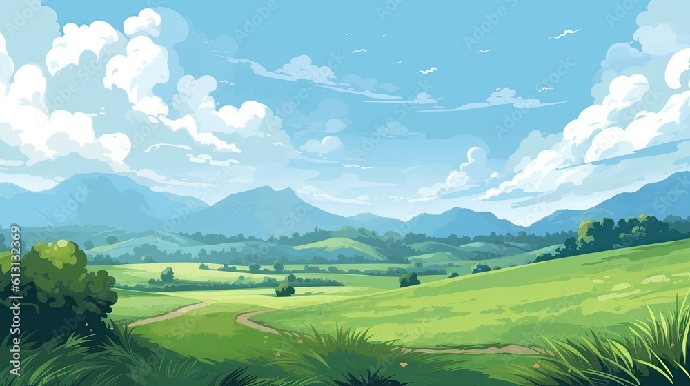 Illustration of a beautiful green meadow with mountains and blue sky Illustration of a beautiful green meadow with mountains and blue sky