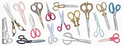 Set of hand drawn scissors isolated on white background. Sewing supplies. Vector illustration