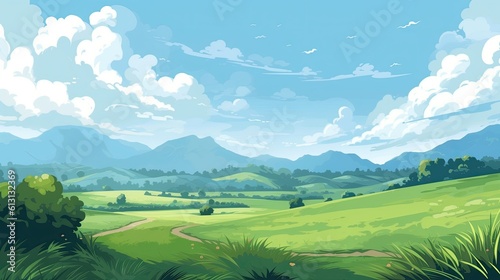 Illustration of a beautiful green meadow with mountains and blue sky