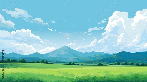 Landscape with green meadow, mountains and blue sky