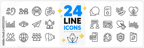 Icons set of Fake information, Column chart and Local grown line icons pack for app with Operational excellence, Waterproof, Upload file thin outline icon. Eye detect, Magistrates court. Vector
