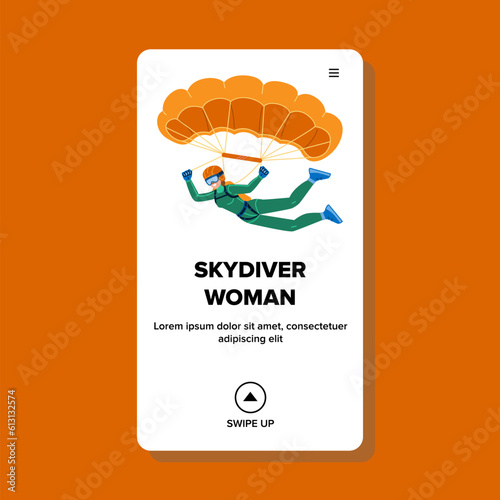 skydiver woman vector. adrenaline extreme, man parachutist, skydiving jump, skydive fun, freedom parachuting skydiver woman web flat cartoon illustration