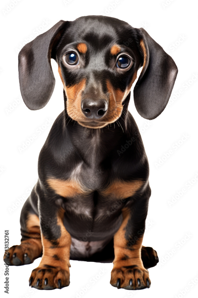 A cute dachshund with brown and black fur sitting portrait, isolated (Generative AI, Generativ, KI)