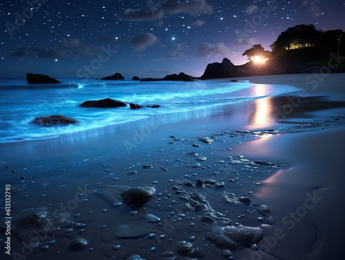 A beach at night with a full moon in the sky. Generative AI.