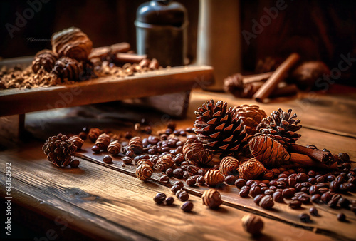 coffee beans and pine cones on top of a wooden table