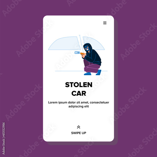 stolen car vector. vehicle transportation, insurance thief, burglar theft, crime auto, robbery robber stolen car web flat cartoon illustration