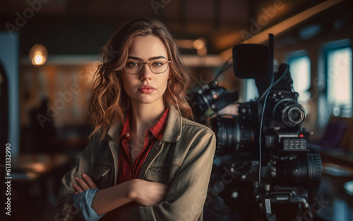 Young female film director posing next to movie camera © Giordano Aita