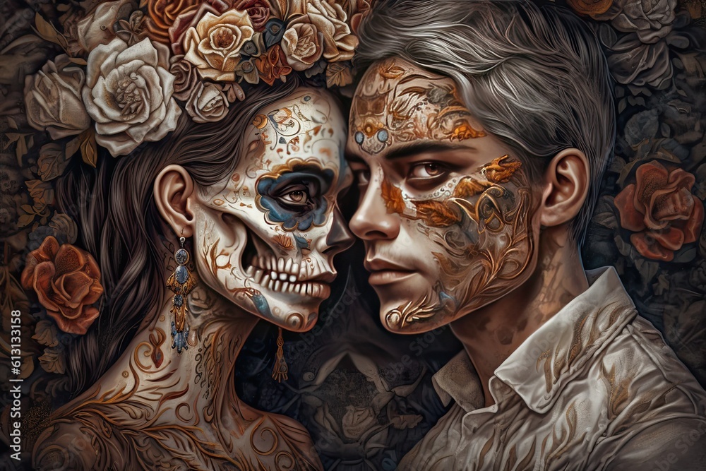 Illustration for the Day of the Dead in Mexico, portrait of a young man and woman wearing skulls. Generative AI