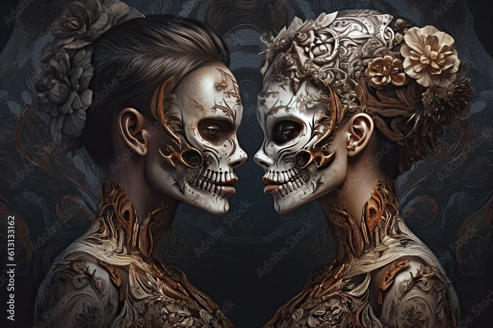 Illustration for the Day of the Dead in Mexico, portrait of a young man and woman wearing skulls. Generative AI