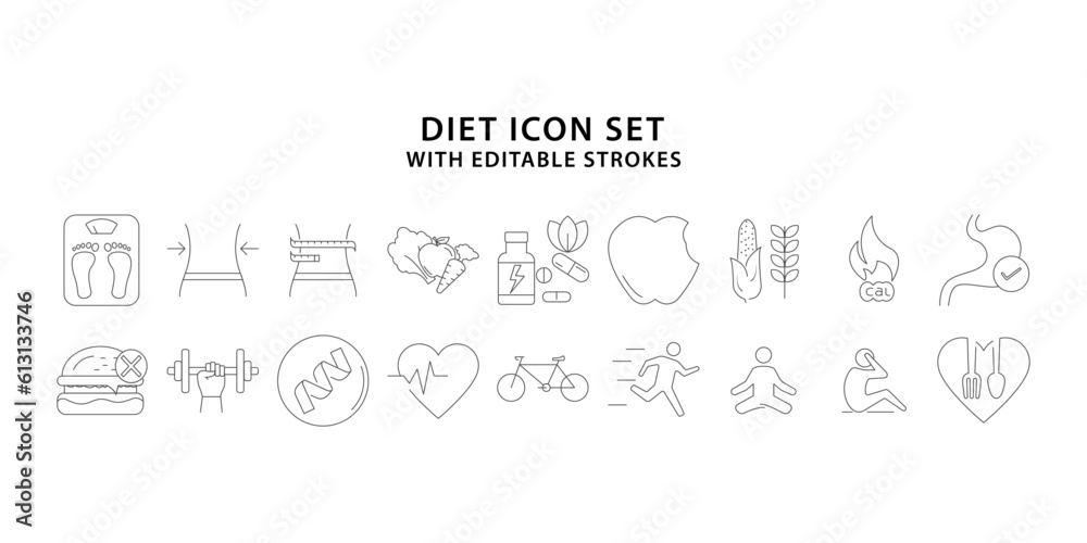 diet icon set. line icons about diet. Diet and healthy life thin line icons. Editable stroke. Vector illustration.