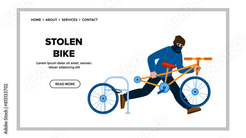 stolen bike vector. bicycle thief, crime criminal, theft safety, security burglar, flat male stolen bike web flat cartoon illustration