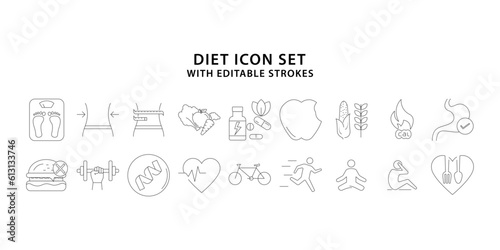 diet icon set. line icons about diet. Diet and healthy life thin line icons. Editable stroke. Vector illustration.