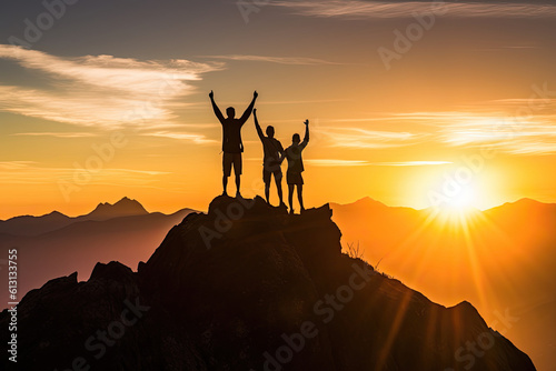 silhouette of group of people on the top of mountain. Generative AI