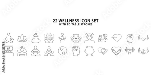 Wellness icon set. Set of line icons related to wellness. line icons about wellness. vector illustration. editable strokes.