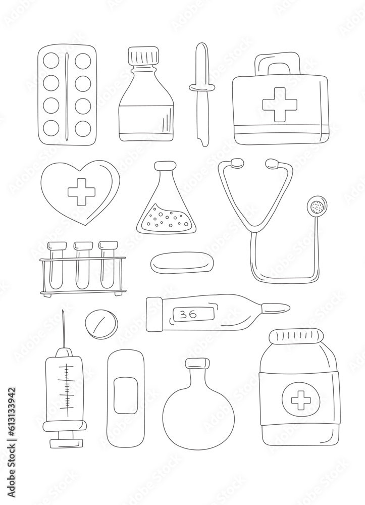 Collection of medical tools isolated on white background. Doodle. All items are separated. Vector illustration Collection of medical tools isolated on white background. Doodle. All items are separated. Vector illustration