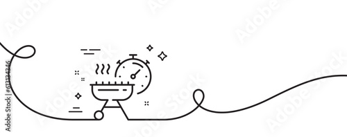 Grill time line icon. Continuous one line with curl. Barbecue cooker for cooking food sign. Hot meat brazier symbol. Grill time single outline ribbon. Loop curve pattern. Vector