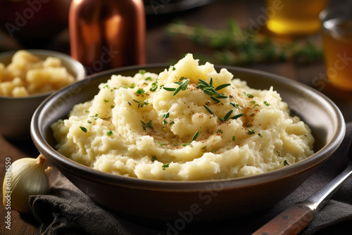 A bowl contains mashed potatoes
