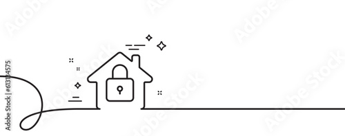 Lock line icon. Continuous one line with curl. Home protection sign. House padlock symbol. Lock single outline ribbon. Loop curve pattern. Vector