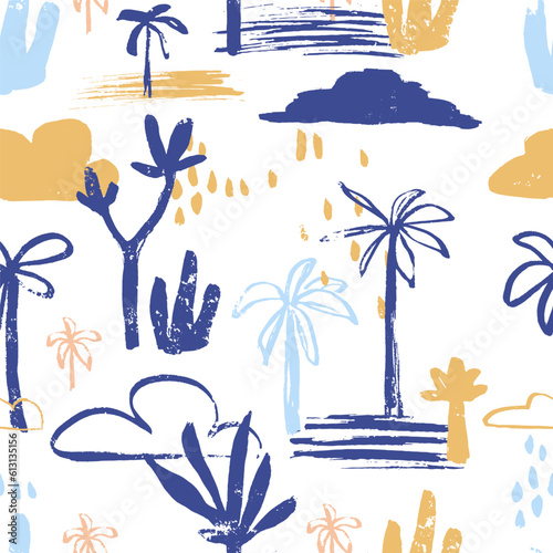 Palm tree seamless pattern. Hand drawn tropical pant leaf summer organic shapes. Beach vacation background © Vasileva