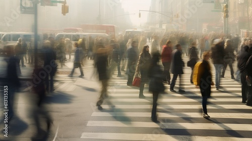 Embrace the urban rhythm as individuals traverse a lively sidewalk, faces blurred in motion. Witness bustling city life and feel the vibrant energy of the surroundings. Generative AI.