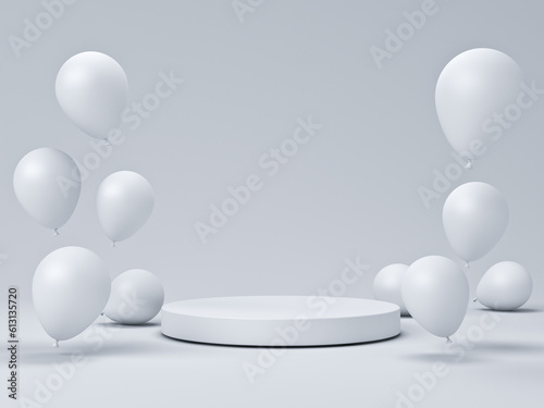 White theme product podium design template with white balloons over white grey background minimal conceptual 3D rendering © masterzphotofo