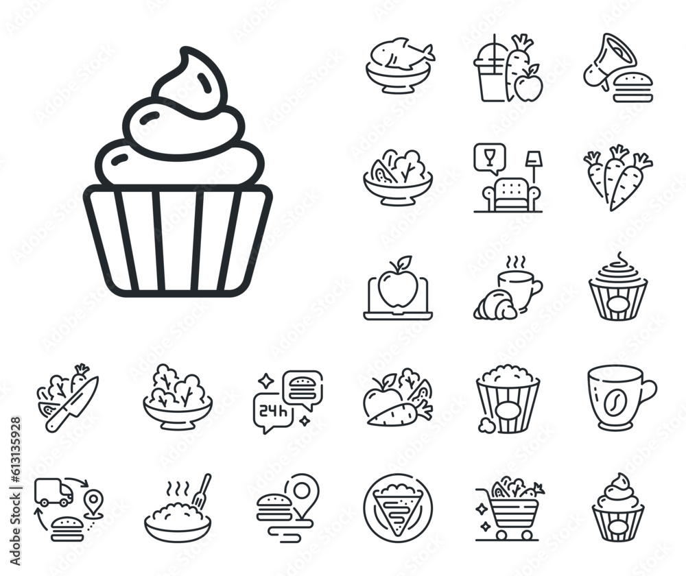 Dessert food sign. Crepe, sweet popcorn and salad outline icons. Cupcake line icon. Cake with cream symbol. Cupcake line sign. Pasta spaghetti, fresh juice icon. Supply chain. Vector