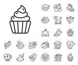 Dessert food sign. Crepe, sweet popcorn and salad outline icons. Cupcake line icon. Cake with cream symbol. Cupcake line sign. Pasta spaghetti, fresh juice icon. Supply chain. Vector