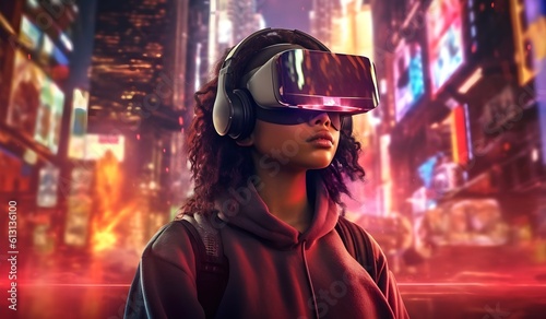 a female wearing an orange vr headset, in the style of retro