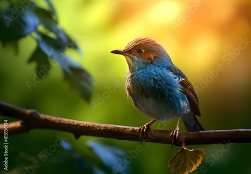 a blue bird on a branch with background greenery 