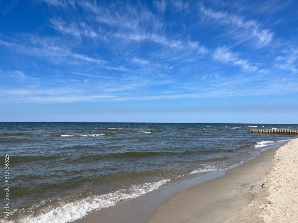 blue azure sea horizon, blue sea surface and pure blue sky, natural seascape background