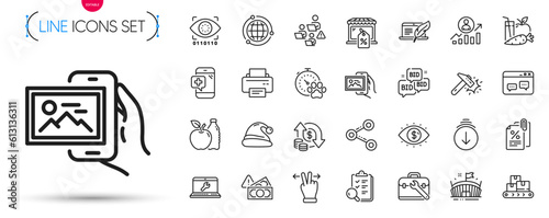 Pack of Printer, Copyright laptop and Apple line icons. Include Tax documents, Arena, Change money pictogram icons. Dog competition, Touchscreen gesture, Juice signs. Fraud, Hammer blow. Vector