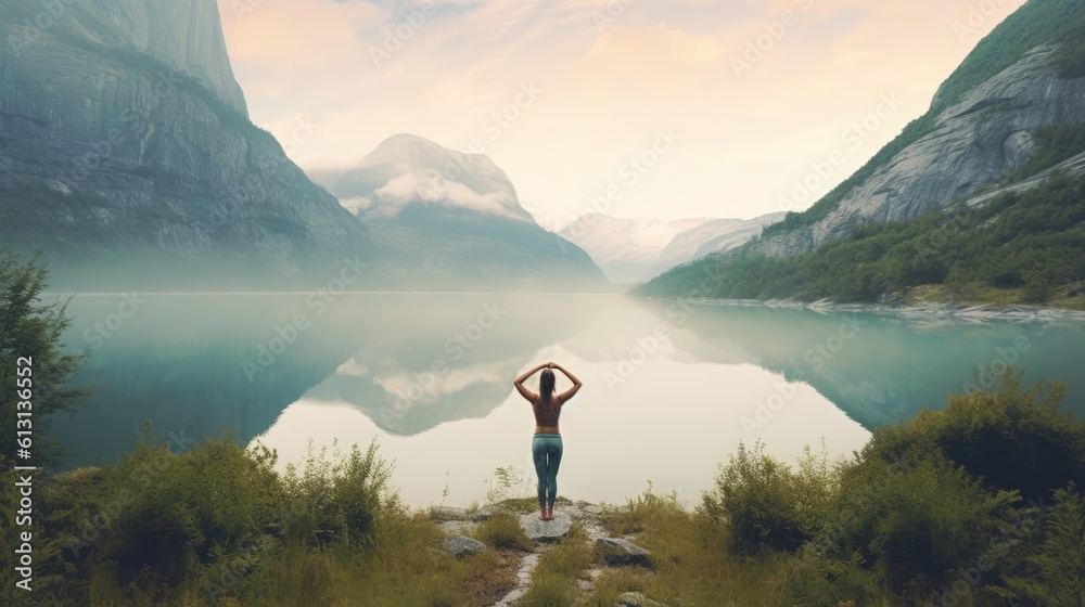 Discover the power of yoga amidst captivating landscapes, where physical exercise harmonizes with mindfulness, nurturing well-being and promoting a deeper connection to nature. Generative AI.