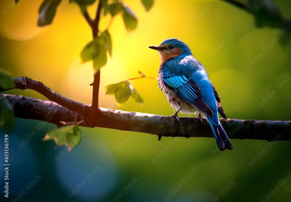 Fototapeta premium a blue bird on a branch with background greenery 