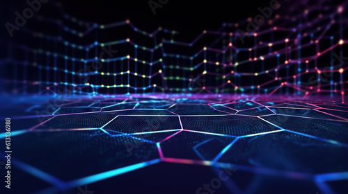 Modern digital abstract 3D background. Can be used in the description of network abilities, technological processes, digital storages, science, education, etc. Copy space. Based on Generative AI