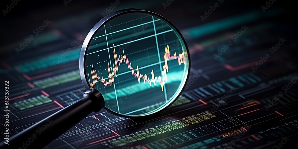 Φωτογραφία Magnifying glass search of investing and stock market over a graph chart background