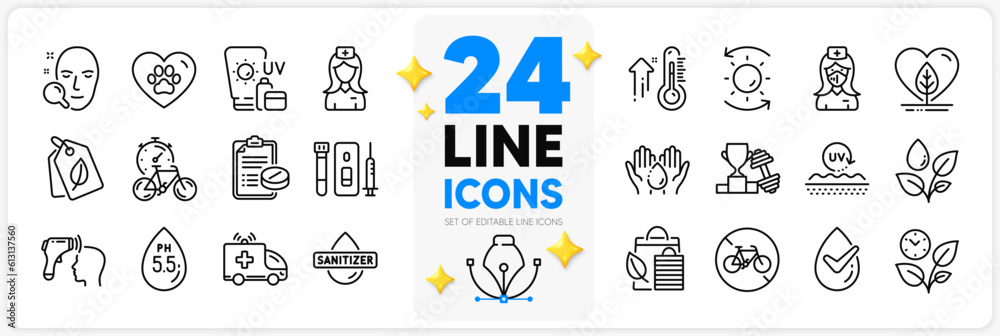 Φωτογραφία Icons set of Wash hands, Nurse and Ph neutral line icons pack for app with Bike timer, Electronic thermometer, Dermatologically tested thin outline icon